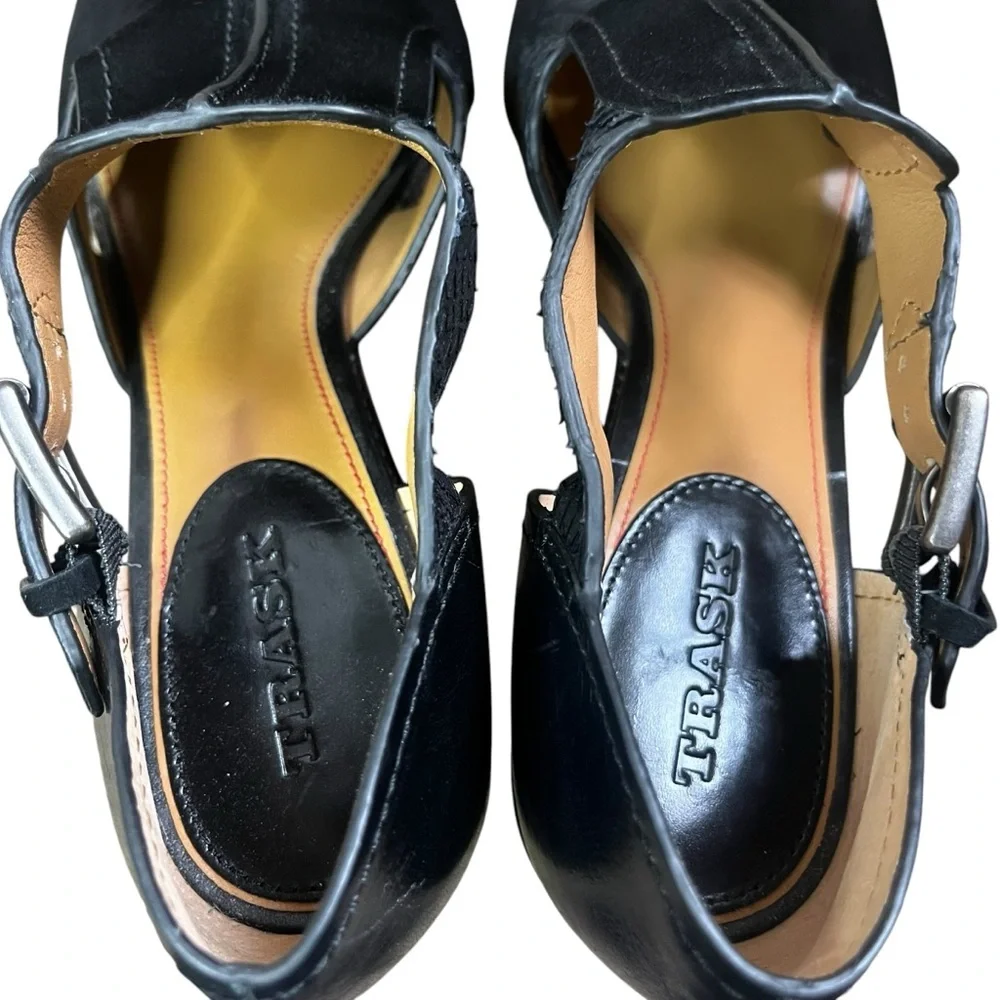 Trask black suede peep toe heels size 10